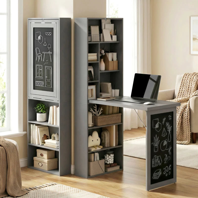 Fold-out Convertible Office Desk, Wall Mount Computer Desk With Blackboard And Side Shelf, Charcoal Gray