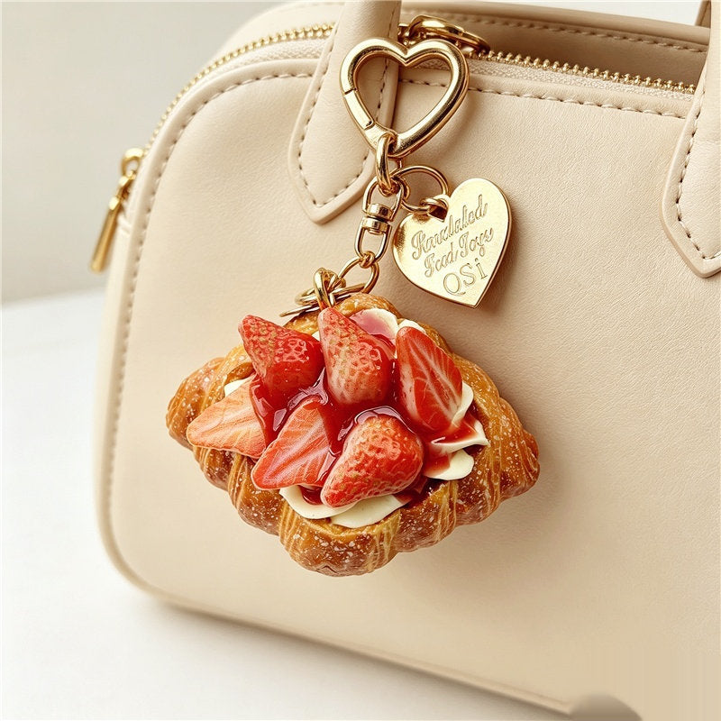 Artificial Food Cream Fruit And Croissant Keychain Pendant