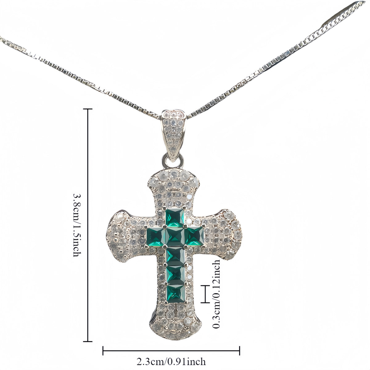 Princess Cut Emerald Green CZ Center Cross Pendant Necklace For Women, Copper Plated Silver Full Pave White Cubic Zirconia Religious Faith Christian Jewelry Gift