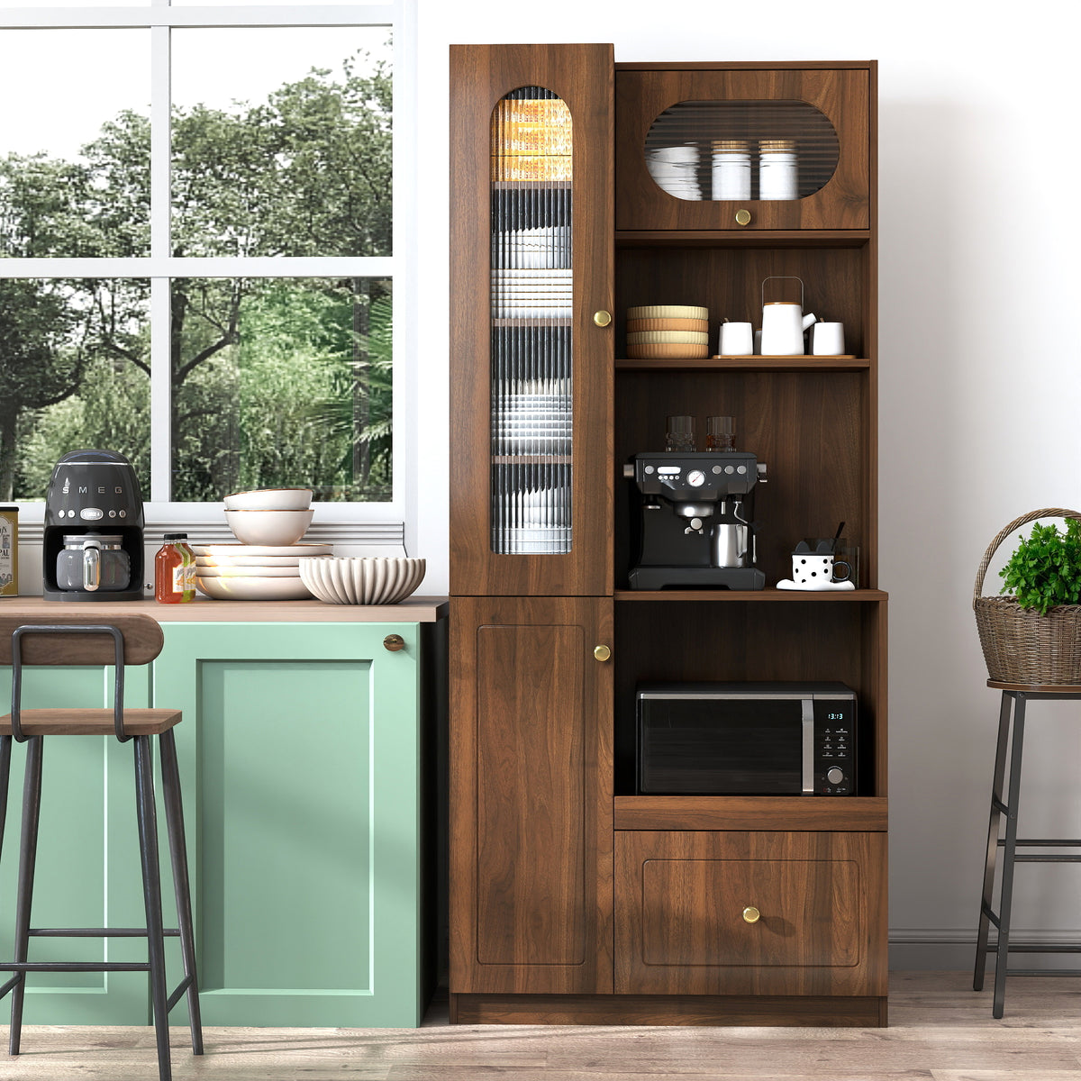 Kitchen Pantry Cabinet With Multi-functional Pull-out Multi-tier Storage Shelf,Farmhouse Storage Cabinet With 3Doors,Pantry Organizers For Kitchen,Dining Room