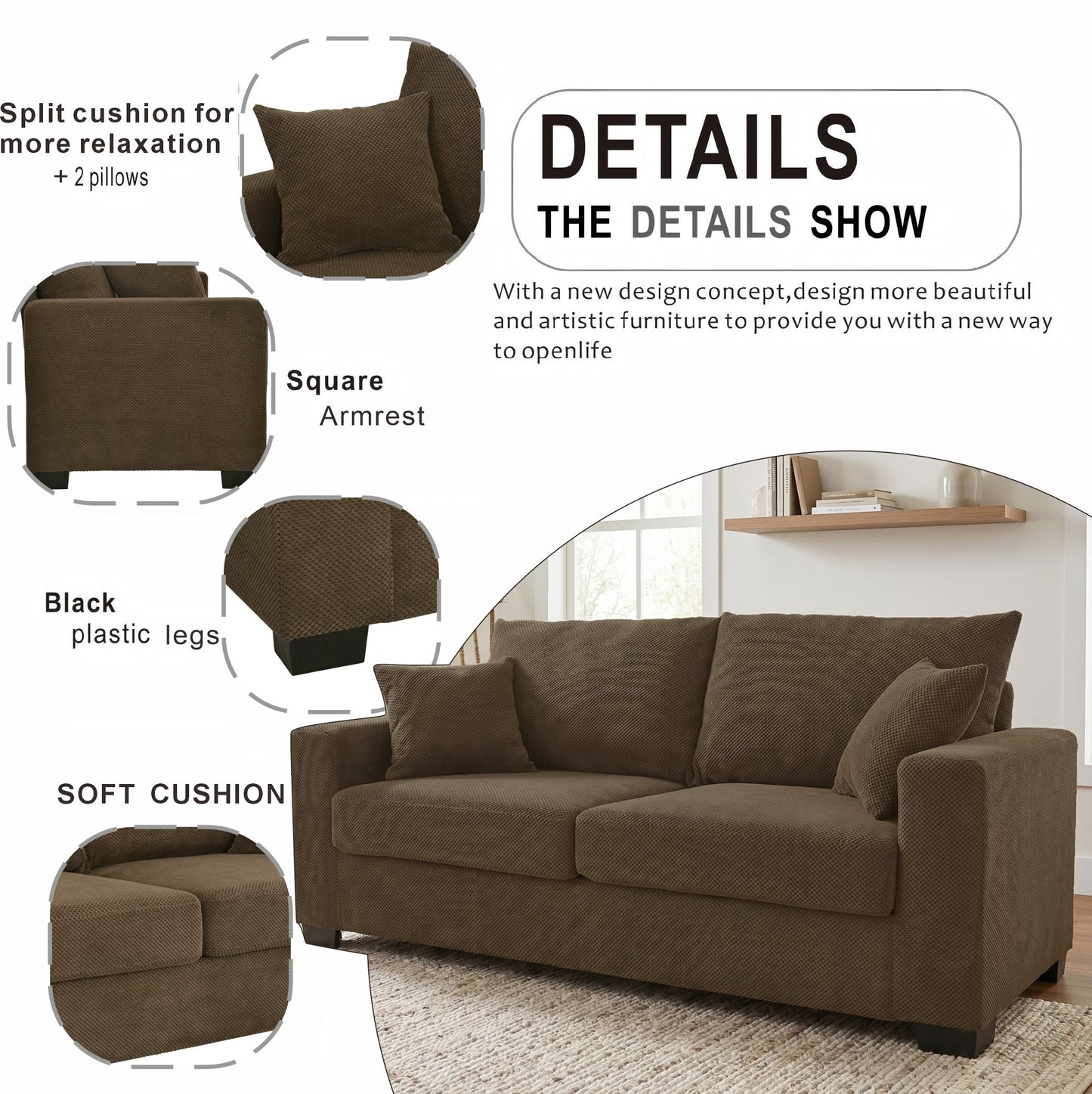 69-inch Two-seater Sofa With Textured Fabric, Comfortable Upholstered Couch With 2 Throw Pillows And Sturdy Plastic Legs For Living Room, Apartment, Office, Coffee