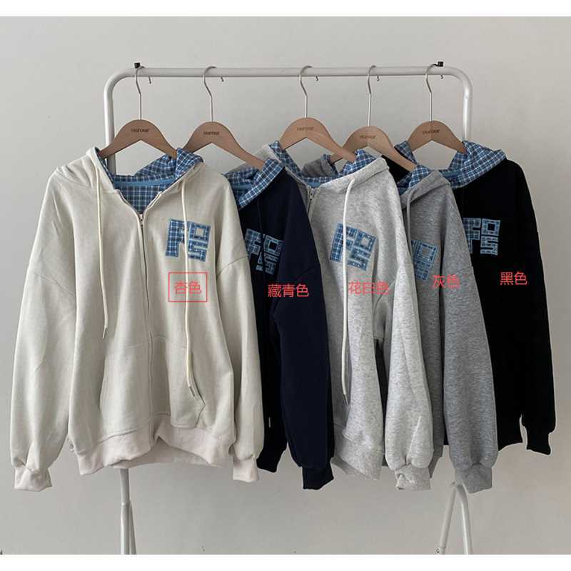 Korean Style Autumn New Machine Embroidery Letters Retro Plaid Zipper Sweater