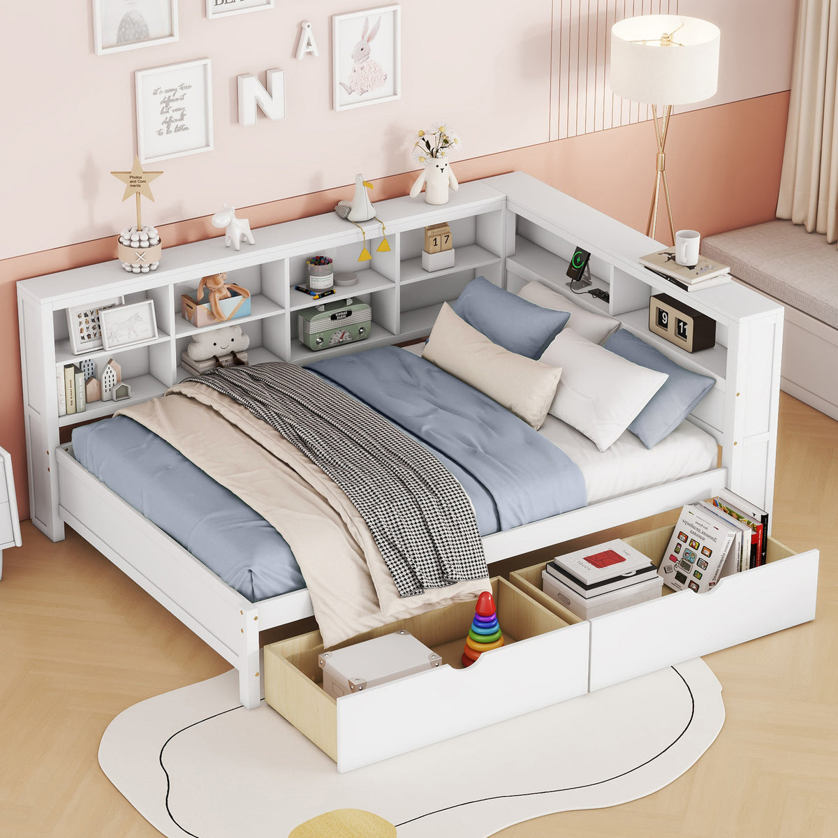 Wooden Full Size DayBed With 2 Drawers, DayBed With Storage Shelf And USB Charging Ports,White