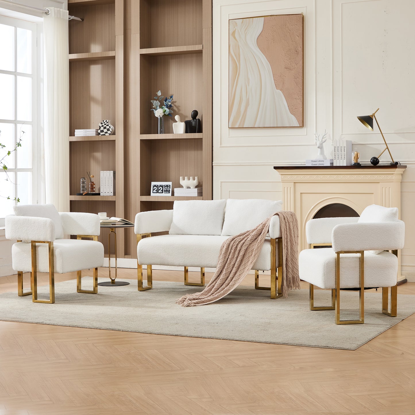 TS Modern Decorative Chair, Living Room Side Chair With Gold Metal Legs, No Wheels, Suitable For Dressing Area, Reception Room, Office,Teddy Fleece Upholstered Metal Foot Sofas White