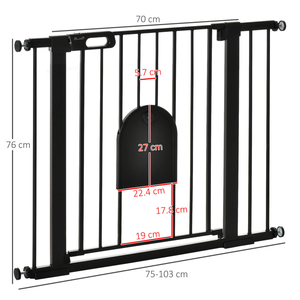 PawHut Dog Gate With Cat Flap Pet Safety Gate Barrier, Stair Pressure Fit, Auto Close, Double Locking, For Doorways, Hallways, 75-103 Cm Black