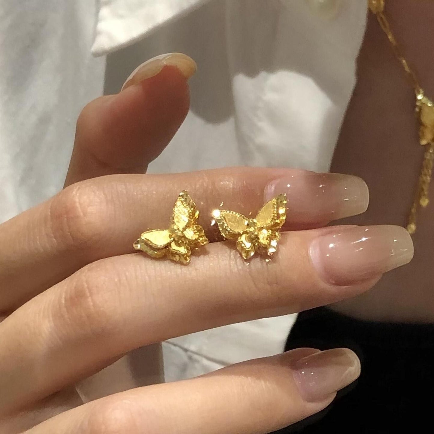New Chinese Style Mirror Flower Butterfly Dream Sparkling Double Layer Butterfly Stud Earrings, Delicate Compact Gold High-End Temperament Ear Jewelry For Women