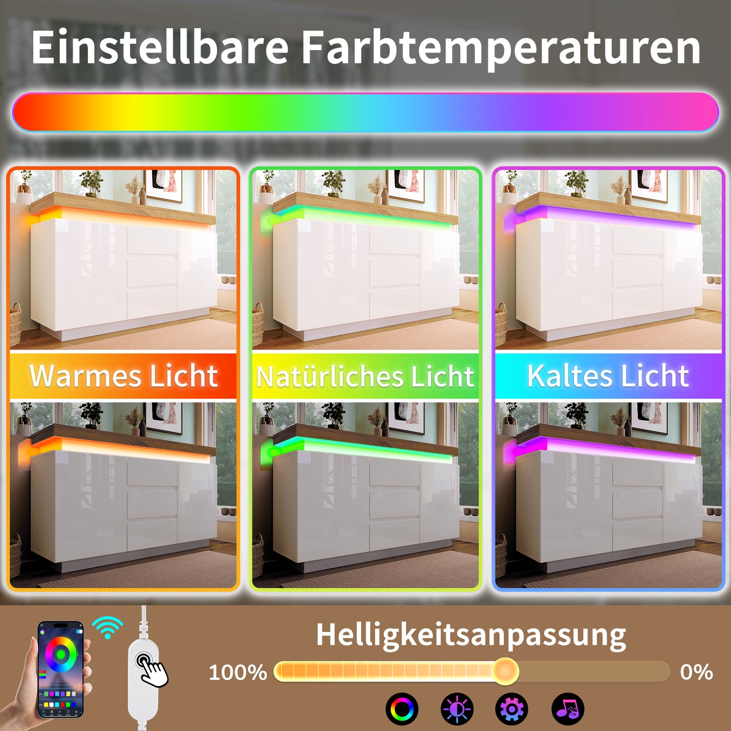 Chest Of Drawers, High-gloss Sideboard With 2 Doors And 3 Drawers, LED Lighting App Control , Multi-purpose Wardrobe For Living Room And Bedroom, 81 X 140 X 39 Cm, White