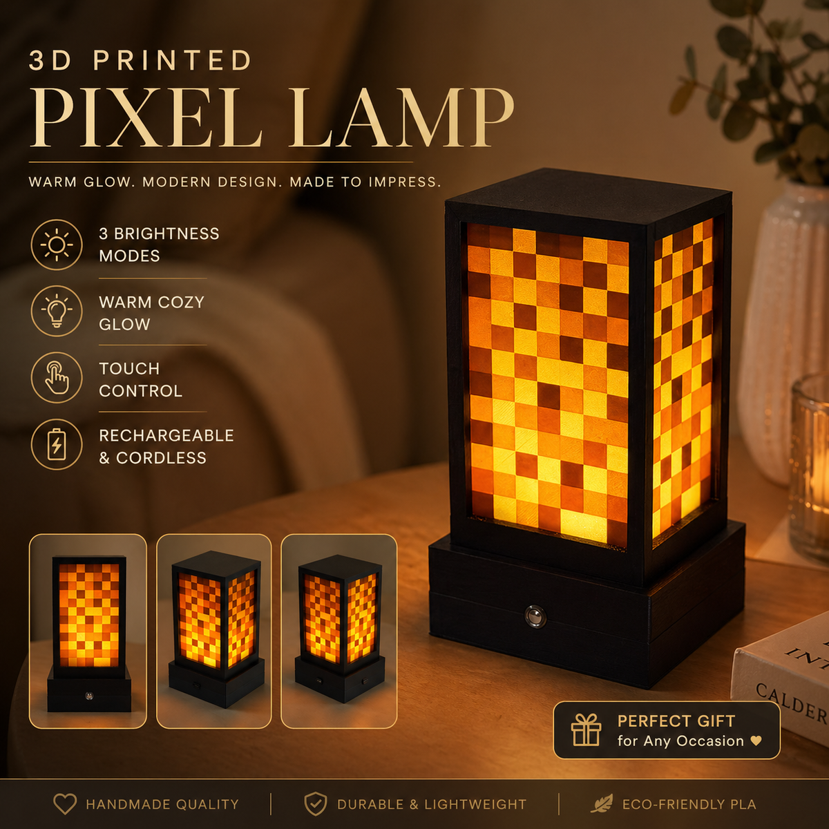 3D Printed Pixel Lamp, Rechargeable Touch Night Light, 3 Brightness Modes, Warm Ambient Desk Lamp, Bedside Decor Gift