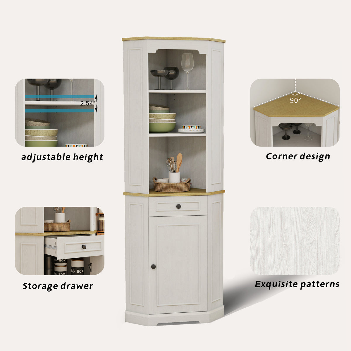 68 Tall Corner Cabinet, Freestanding Corner Storage Cabinet With 1 Door, 1 Drawer And A Adjustable Shelf, Farmhouse Bar Storage Cabinet For Living Room, Dining Room, Kitchen, Bathroom-Antique White