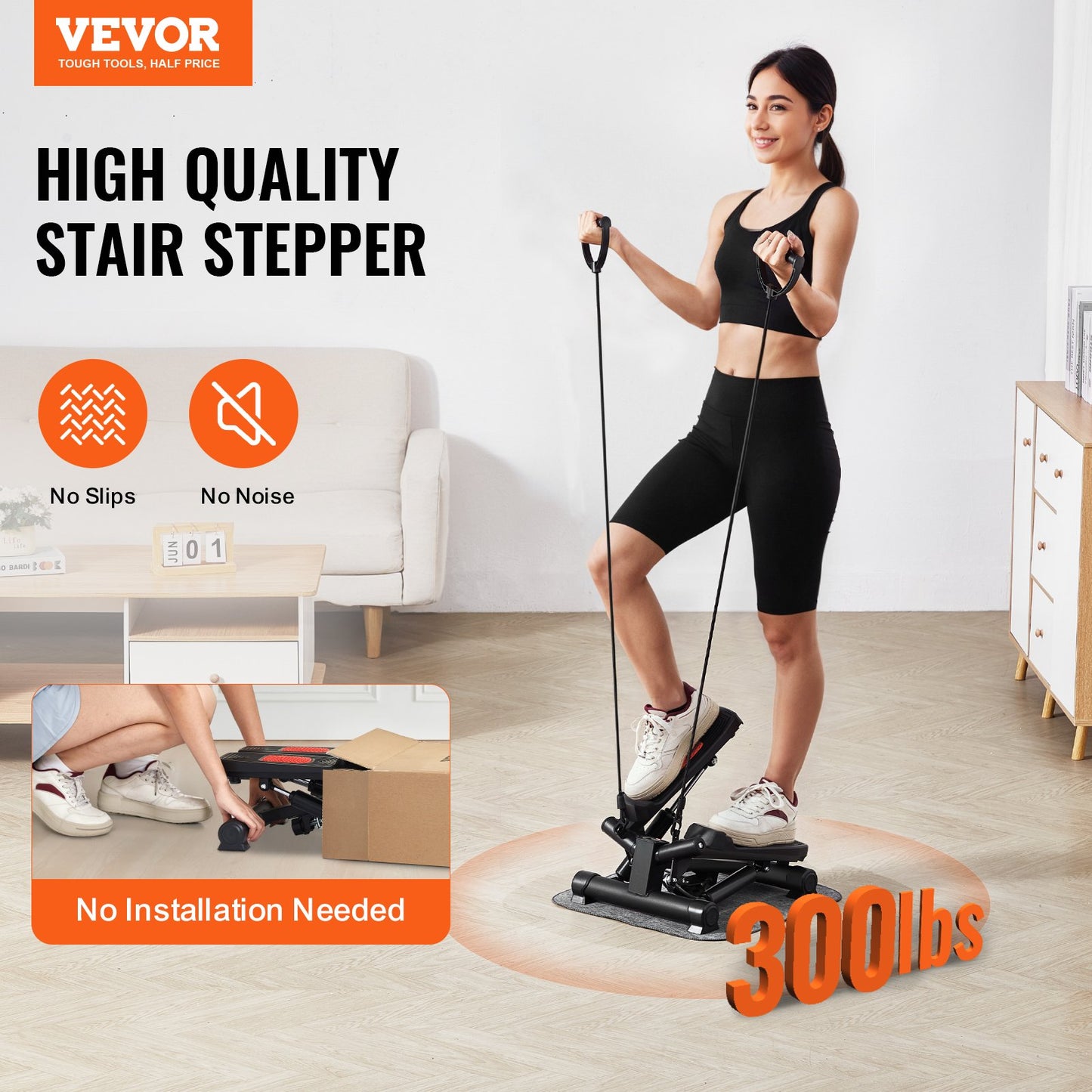 Treppenstepper Mini-Stepper Training, Hydraulischer Fitness-Twist-Stepper Mit Widerstandsbändern, Ganzkörper-Workout-Cardiogerät, Treppensteiger Mit LCD-Monitor, 150 Kg Tragkraft Schwarz