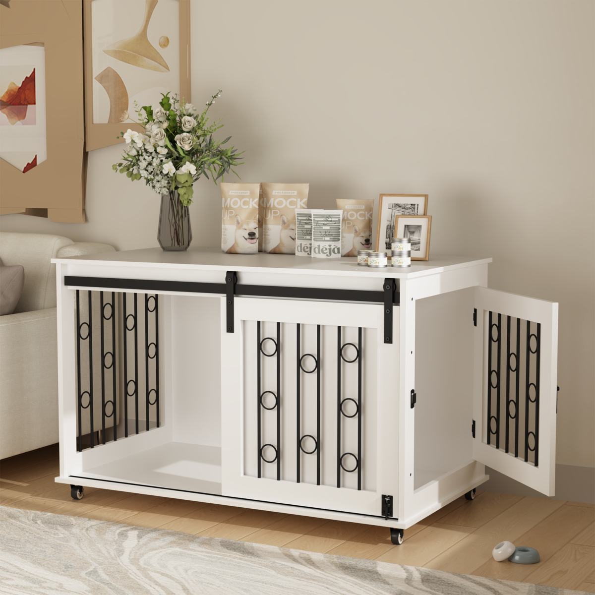 39.37 Modern Wooden Dog Crate Furniture With Sliding Barn Door And Side Door, Indoor Dog Kennel End Table For Small To Medium Dogs, Decorative Pet Crate With Metal Bars And Lockable Wheels White
