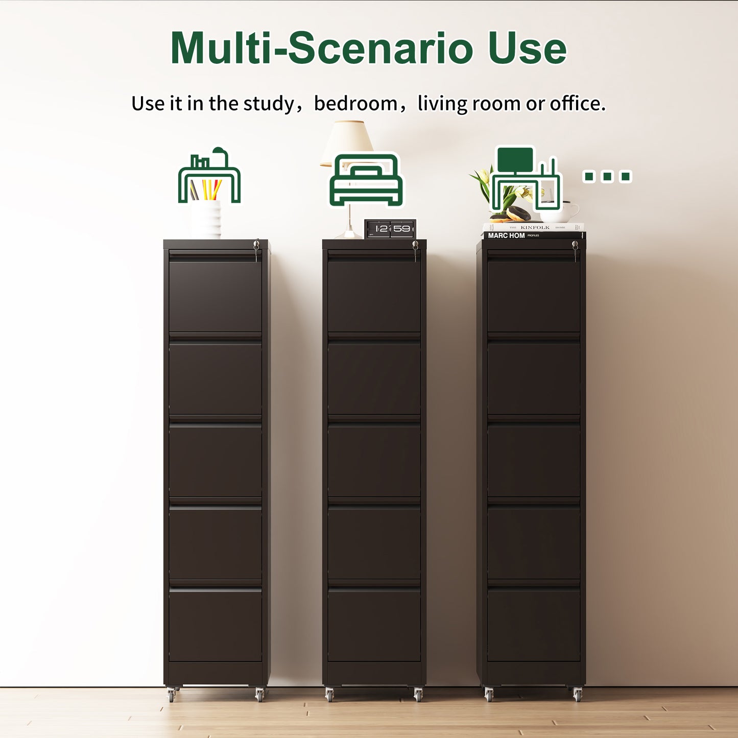 5 Drawer Metal Vertical File Cabinet With Lock On Wheels For Home Office,Heavy Duty Metal Storage Cabinet For A4 Letter Legal Size Files, Black, 17.71 Dx15.16 Wx64.17 H