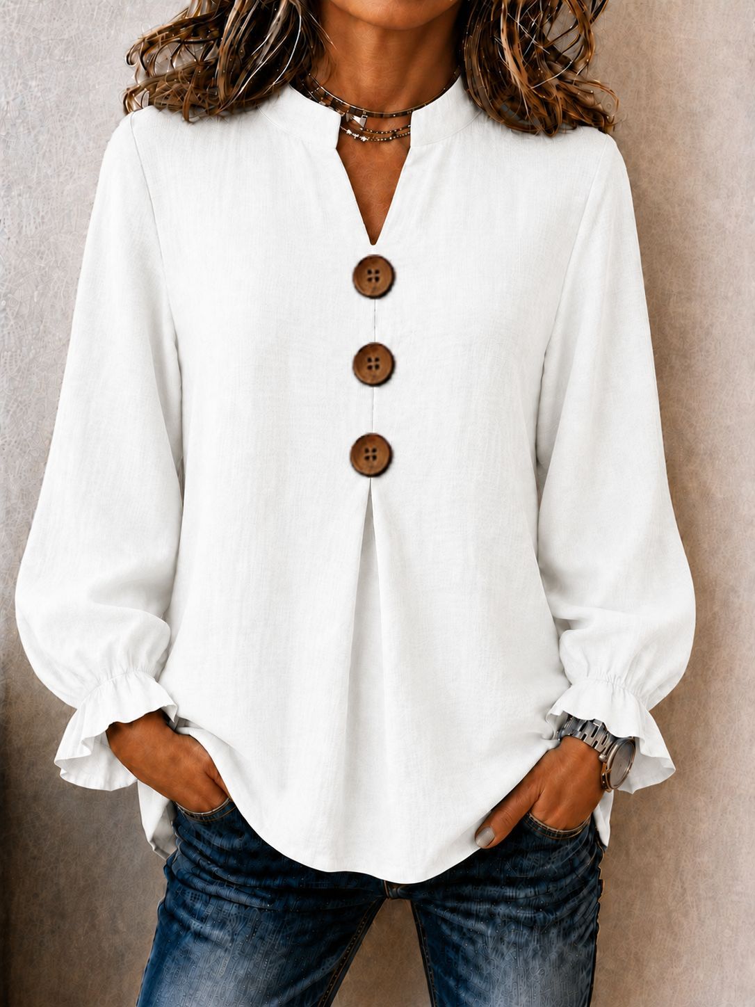 New Womens Fashion Long-sleeve V-neck Solid-color Button-up Top For Fall And Winter