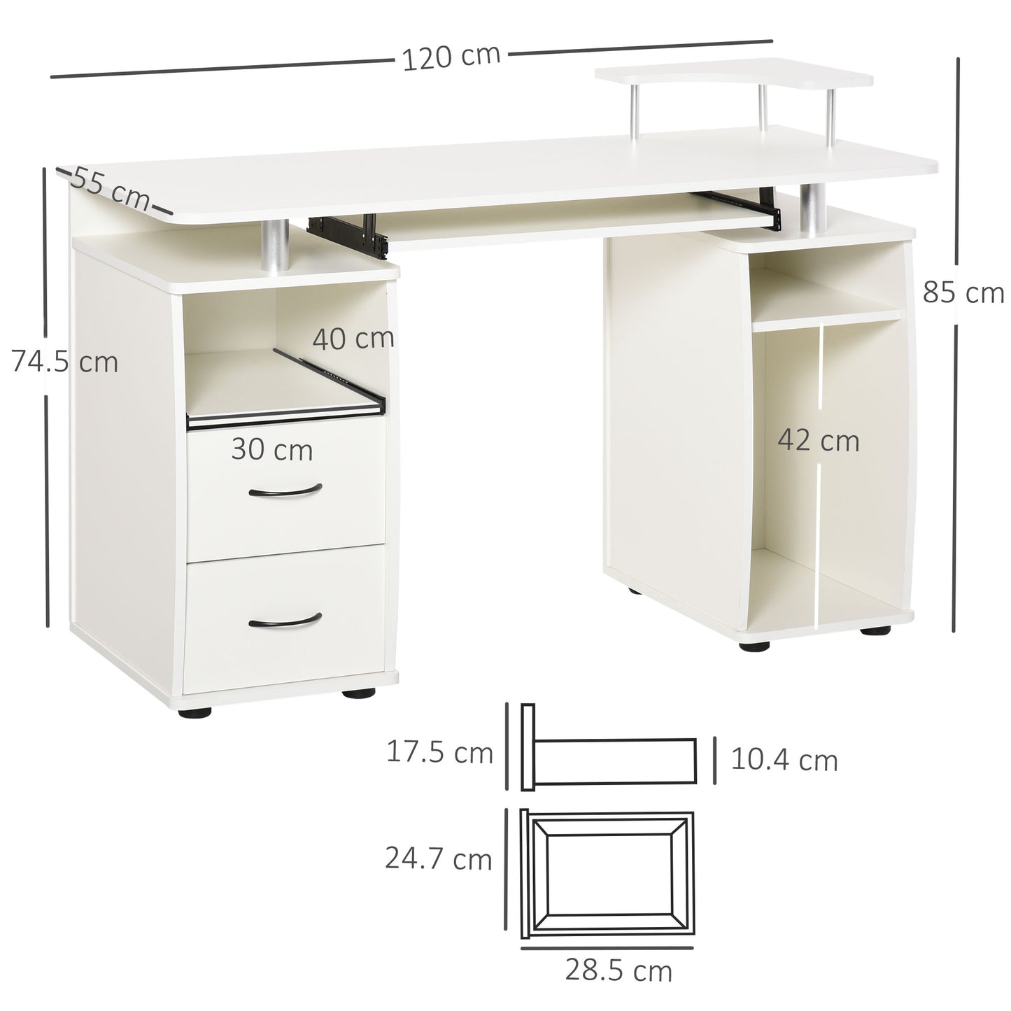 Computer Desk Office PC Table Workstation With Keyboard Tray, CPU Shelf, Drawers, Sliding Scanner Shelf, White