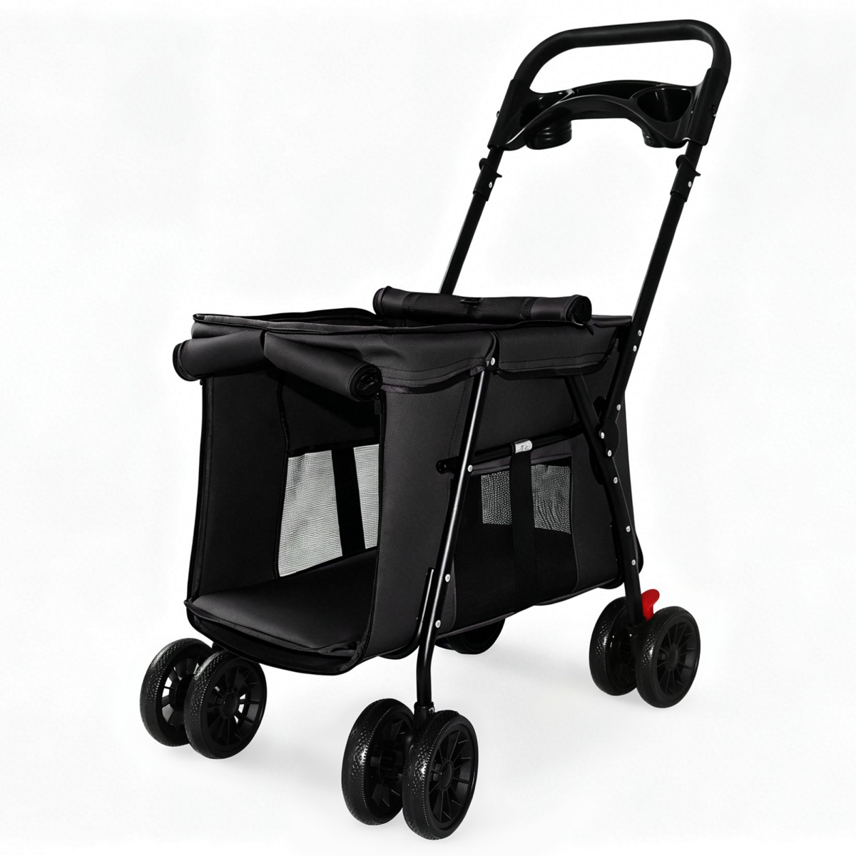 Pet Stroller, Foldable 4-Wheel Design, Breathable Mesh Dog Cat Stroller with Shockproof Wheels, Brake System, Storage Tray, 2 Fixed Safety Leashes, Large Space Pet Carrier for Small Medium Pets,Black