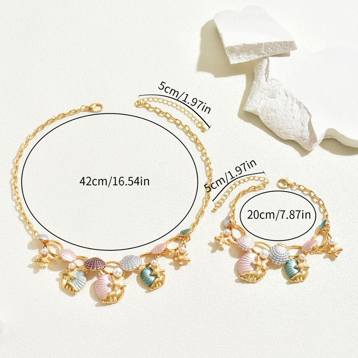 European American Cross-border Ocean Style Women Jewelry Set, Geometric Starfish & Shell Necklace Bracelet Inlaid Faux Pearl, Versatile Daily Neck Wrist Accessories