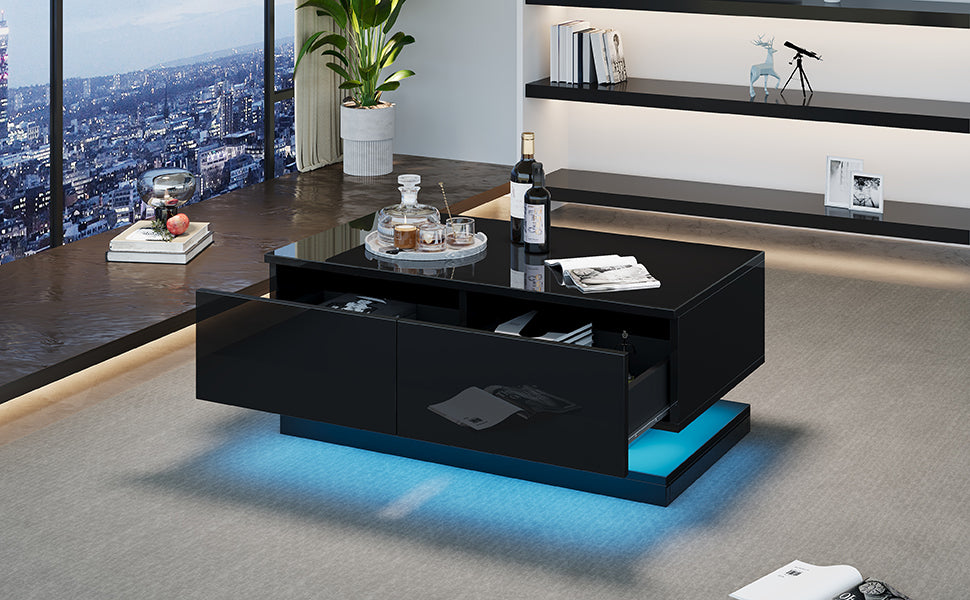 90 X 50 X 38 Cm Black High-gloss Coffee Table With 2 Drawers, Featuring Atmospheric LED Lighting Controlled Via A Mobile App.
