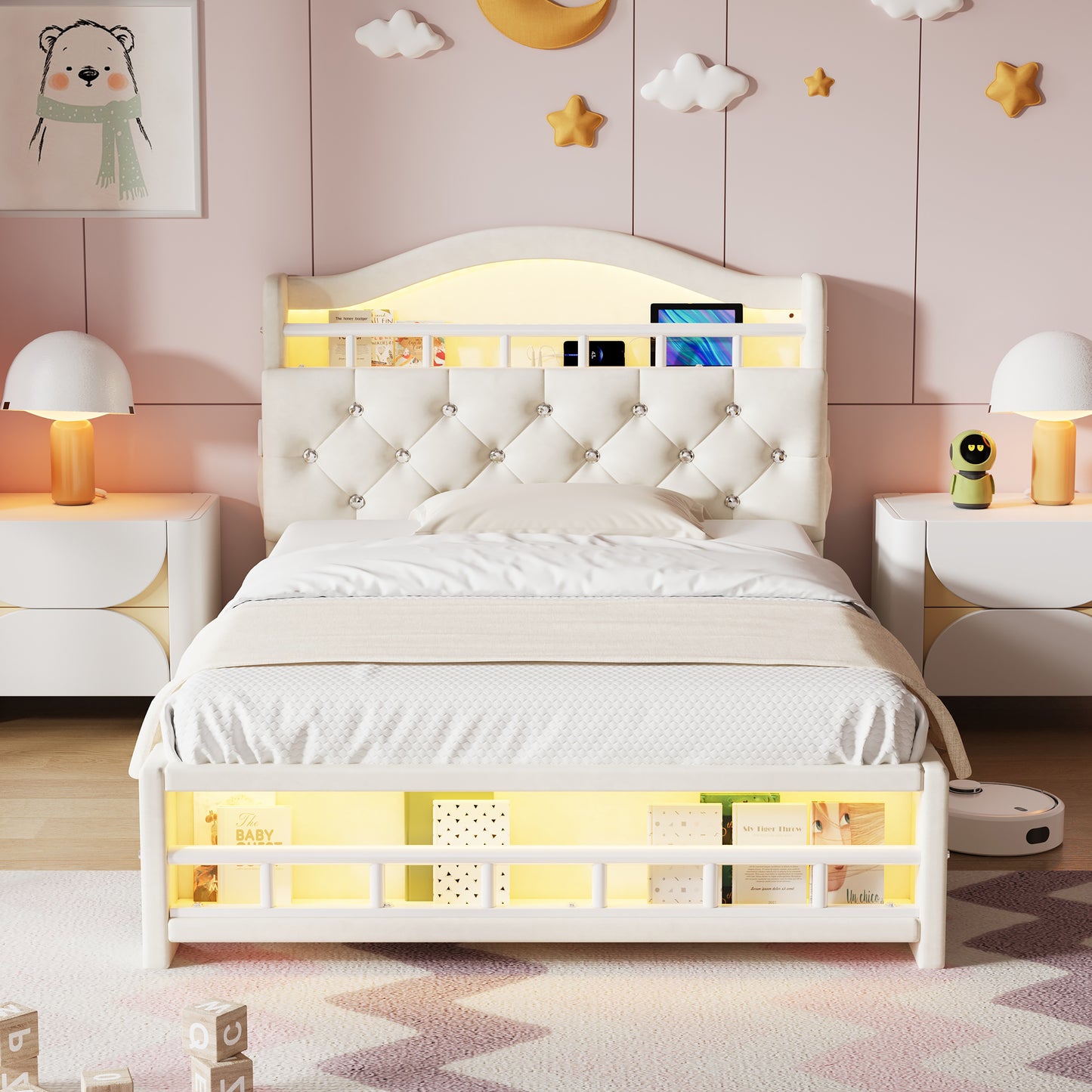 3ft Single Upholstered Velvet Bed Frame, LED Bed Frame With Charging Station & Diamond Tufted Headboard, Concealed Headboard Storage With USB And Type - C Ports, Easy Assembly, Beige No Mattress