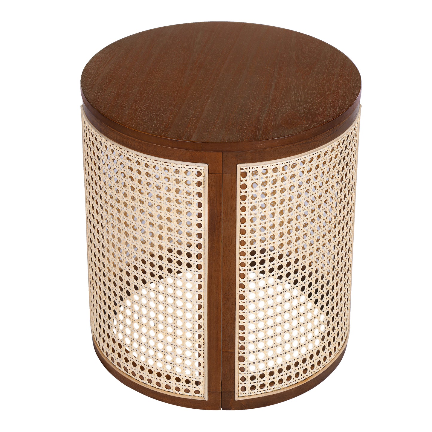15.70 Round End Table, Hollow Woven Side Table, Small Rubber Wood Nightstand, Rattan Woven Tea Desk, Round Wood Tabletop, Chic Home Decor Desk, Easy Assembly, Dark Brown Color