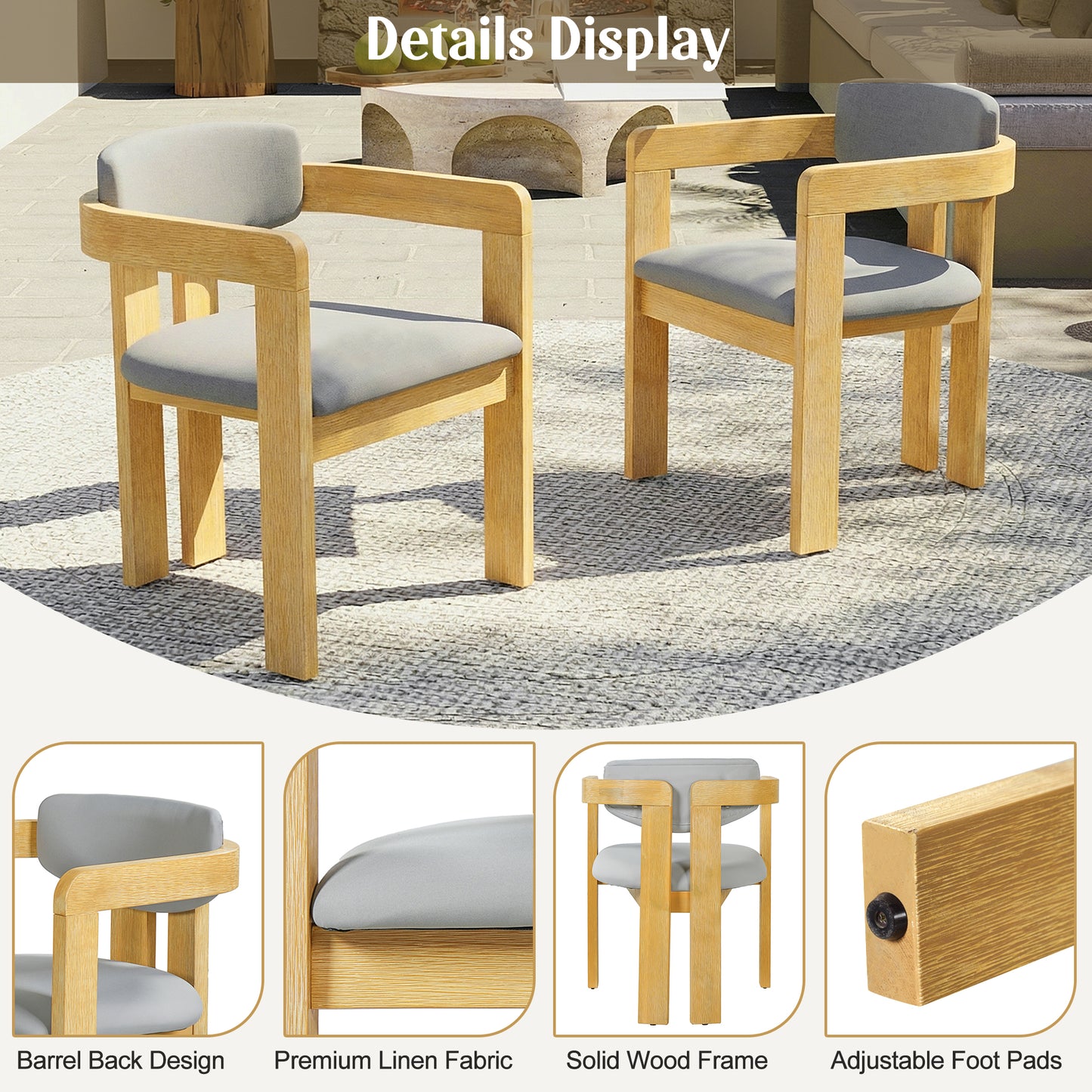 Set Of 2 Outdoor Acacia Wood Dining Chairs With Cushions, Modern Solid Wood Armchairs With Weather-Resistant Upholstery For Patio, Garden, Balcony & Backyard,Grey Cushion