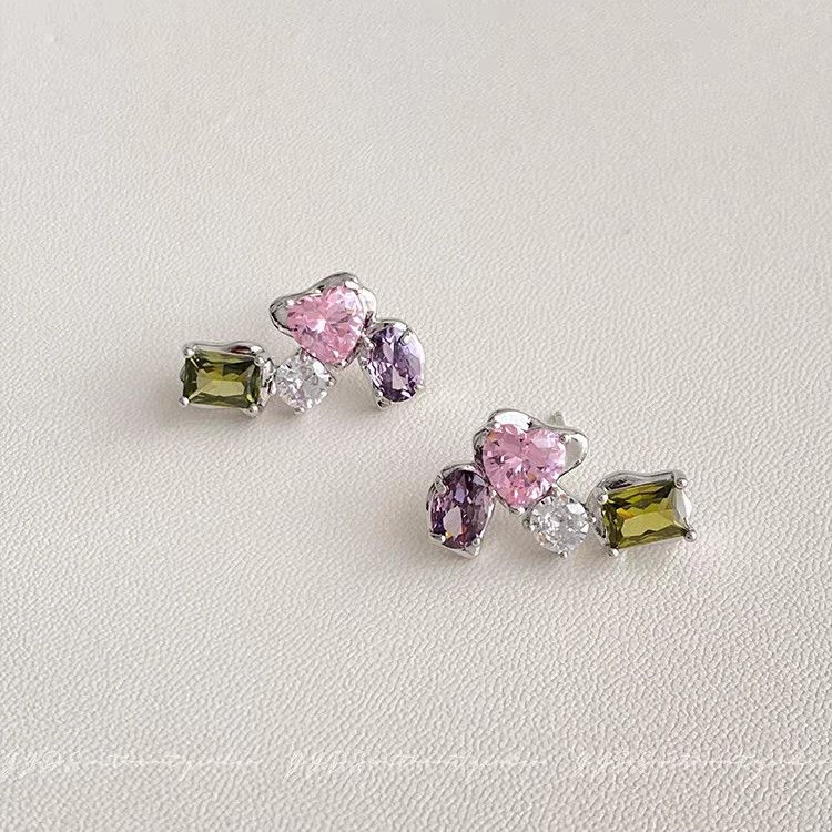 Exquisite Geometric Colorful Zircon Stud Earrings, Light Luxury High-End Dopamine Sweet Personalized Fashion Ear Jewelry For Women