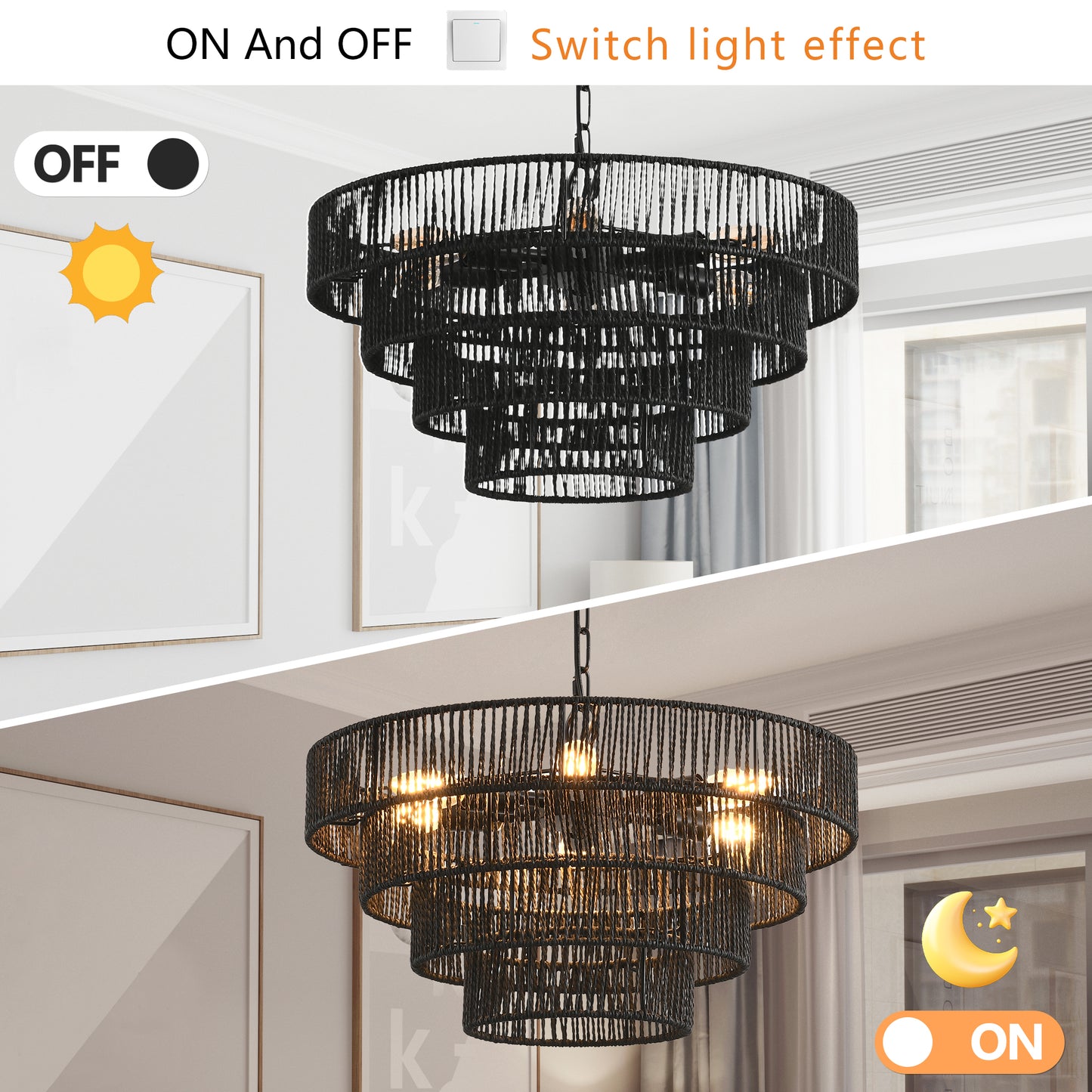 20 Rustic 4-Tier Black Hemp Rope Pendant Light Chandelier With 6 E12 Sockets, Handmade Tiered Boho Ceiling Light Fixture For Dining Room, Kitchen, Or Foyer Bulb Not Included