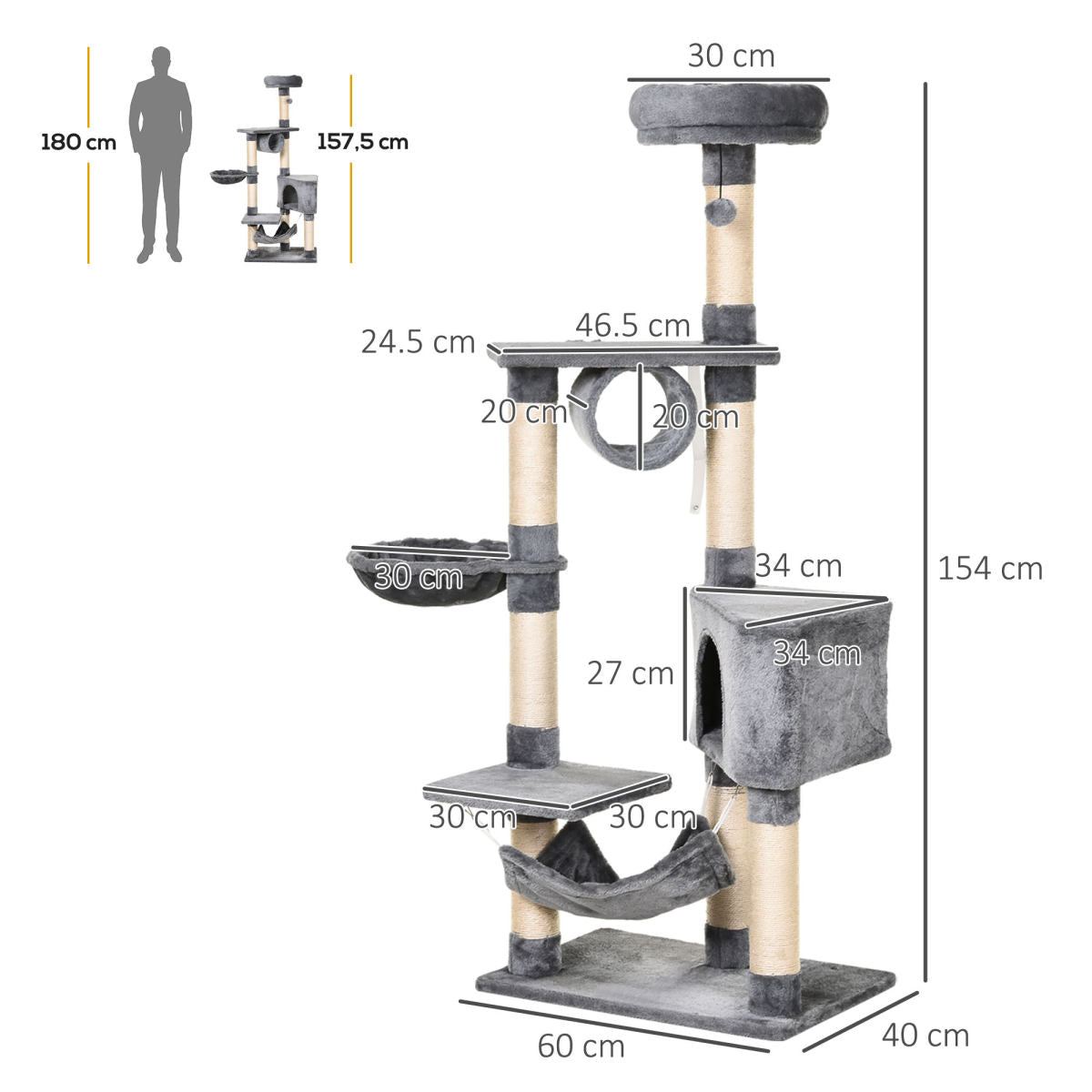 PawHut Cat Tree For Indoor Cats Condo Tower Multi-level Height 150CM Kittens Activity Stand House With Toys & Various Scratching Posts