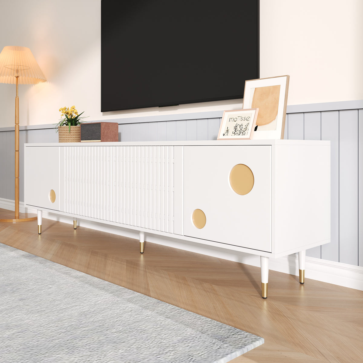 TV Cabinet, TV Stand With Lattice Structure, Hidden Handles, Gold Decor. Living Room Furniture. Two Solid Wood Doors