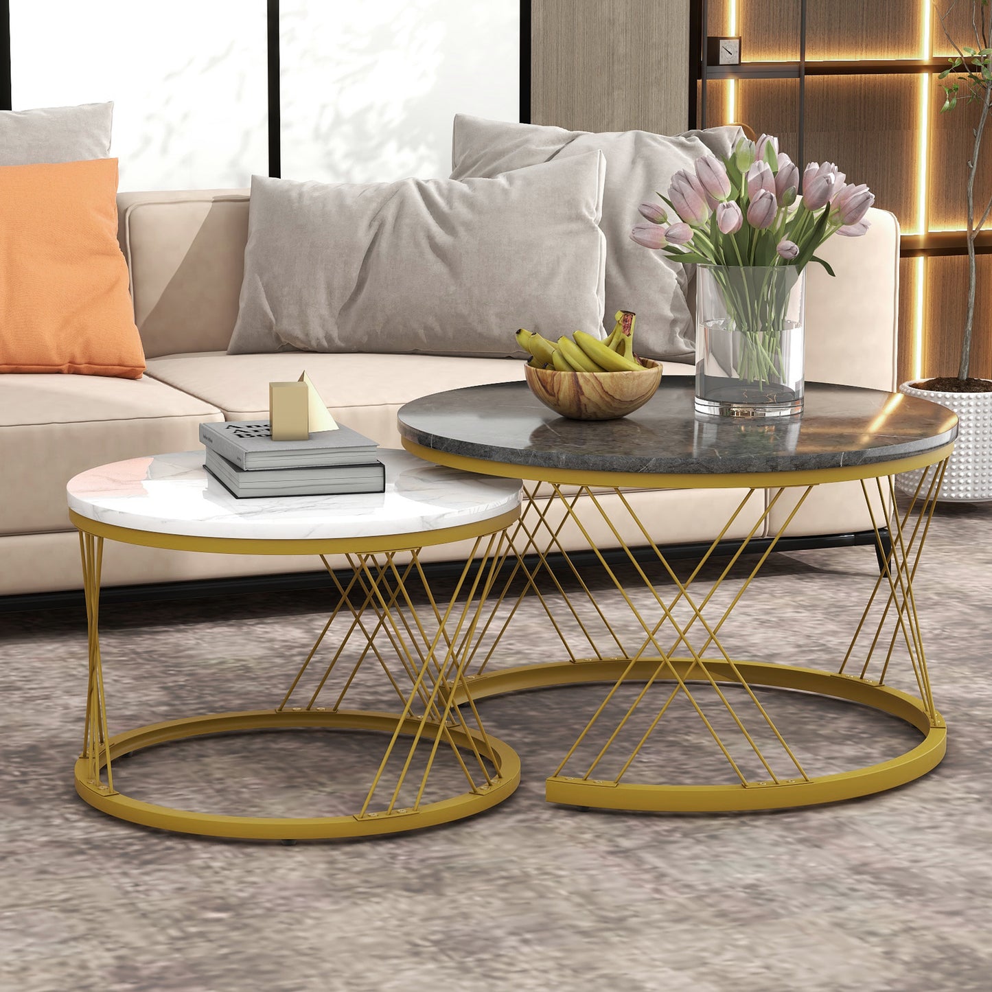 Round Coffee Table, Modern Coffee Table Set Of 2 Marble Pattern Top With Metal Frame, Small Side Table, End Table For Living Room, Bedroom, Home Office, Farmhouse, White And Black