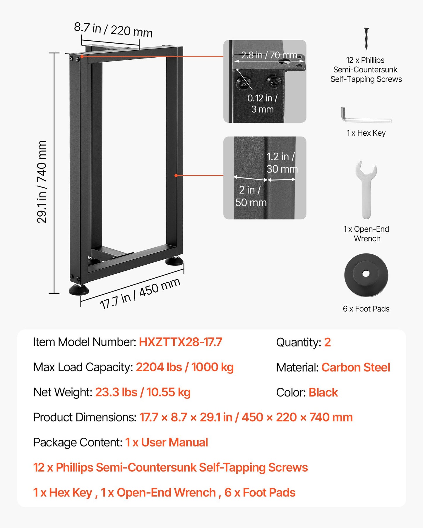 Table Legs, 29.1" H X 17.7" W Square T Shape Steel Furniture Legs, Modular Design, Easy Assembly, 2204 Lbs Max Load Heavy Duty, For Home Office Desk, Dinner Table, Workbenches, Set Of 2, Black
