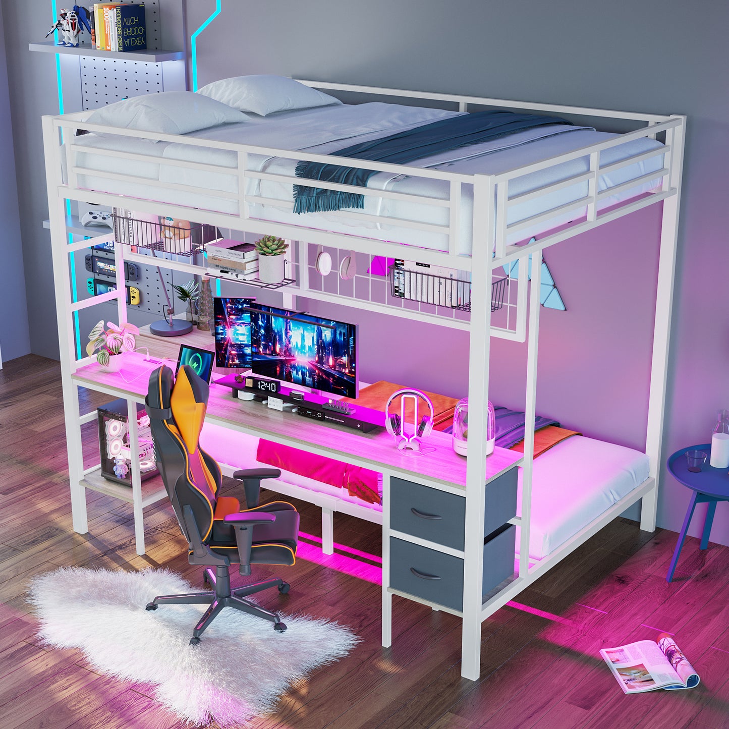 Loft Bed, 90x200 And 140x200, Iron Frame, Drawers, Shelves For Objects, Grid For Hanging Objects, Desk, With 7-color LED Bar, USB Port, Without Mattress, White