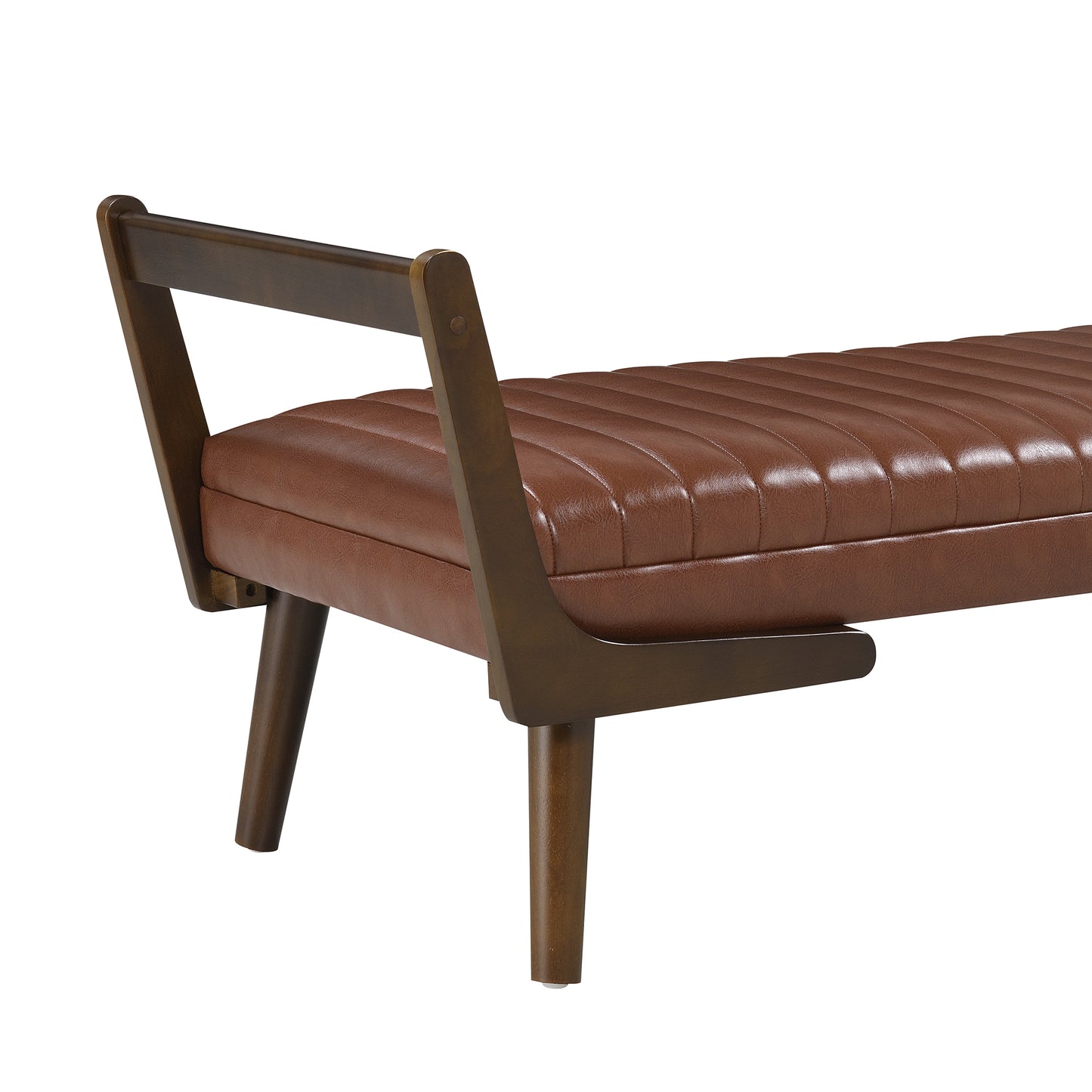 52 Mid Century Bench With Walnut Wood Leg,Channeled Upholstered Footrest Stool For Kitchen, Living Room, Bedroom, Entryway, End Of Bed. PU Cognac, Light Brown