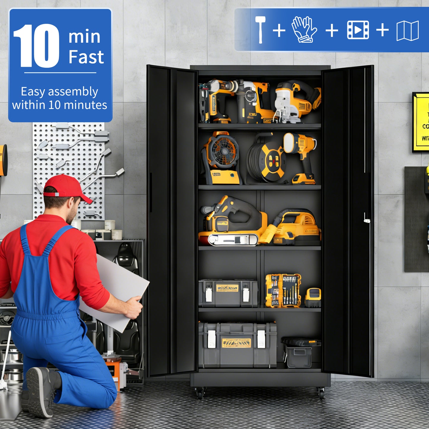 Garage Storage Cabinet With Wheels And Lock, 71 Inch Heavy Duty Rolling Metal Cabinet, 4 Adjustable Shelves 180lb Each , 3-Point Locking Security, For Tool Organization In Garage, Workshop, Office