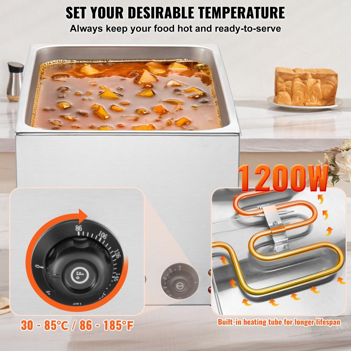 Commercial Food Warmer 19QT Bain Marie 1200W Electric Buffet Warmer Steam Table Food Warmer Countertop Stainless Steel Food Warmer Wet Or Dry Use For Parties, Catering And Restaurant