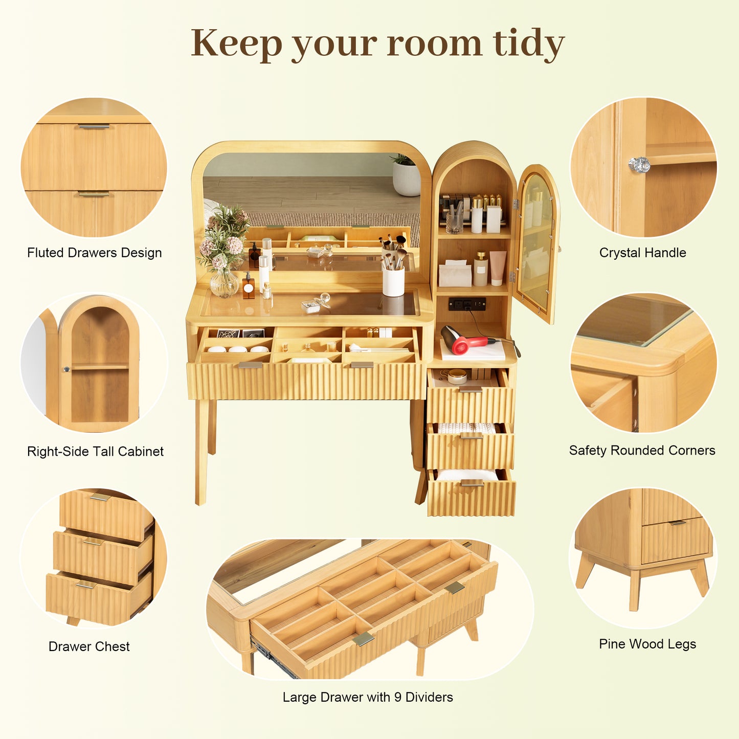 48 Fluted Makeup Vanity Desk With Large 32 Mirror, Modern Glass Top Big Vanity Table With 4 Drawers & Storage Cabinet, Dressing Table Set W Charging Station For Bedroom, Natural