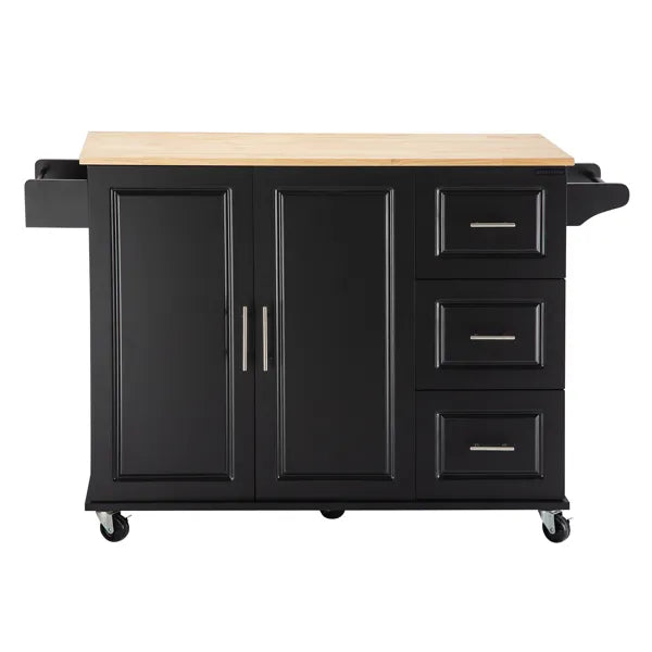 Kitchen Island & Kitchen Cart, Mobile Kitchen Island, Rubber Wood Top, Big & Adjustable Shelf Inside Cabinet For Different Utensils, Luxury Design Fits Party At Different Site.
