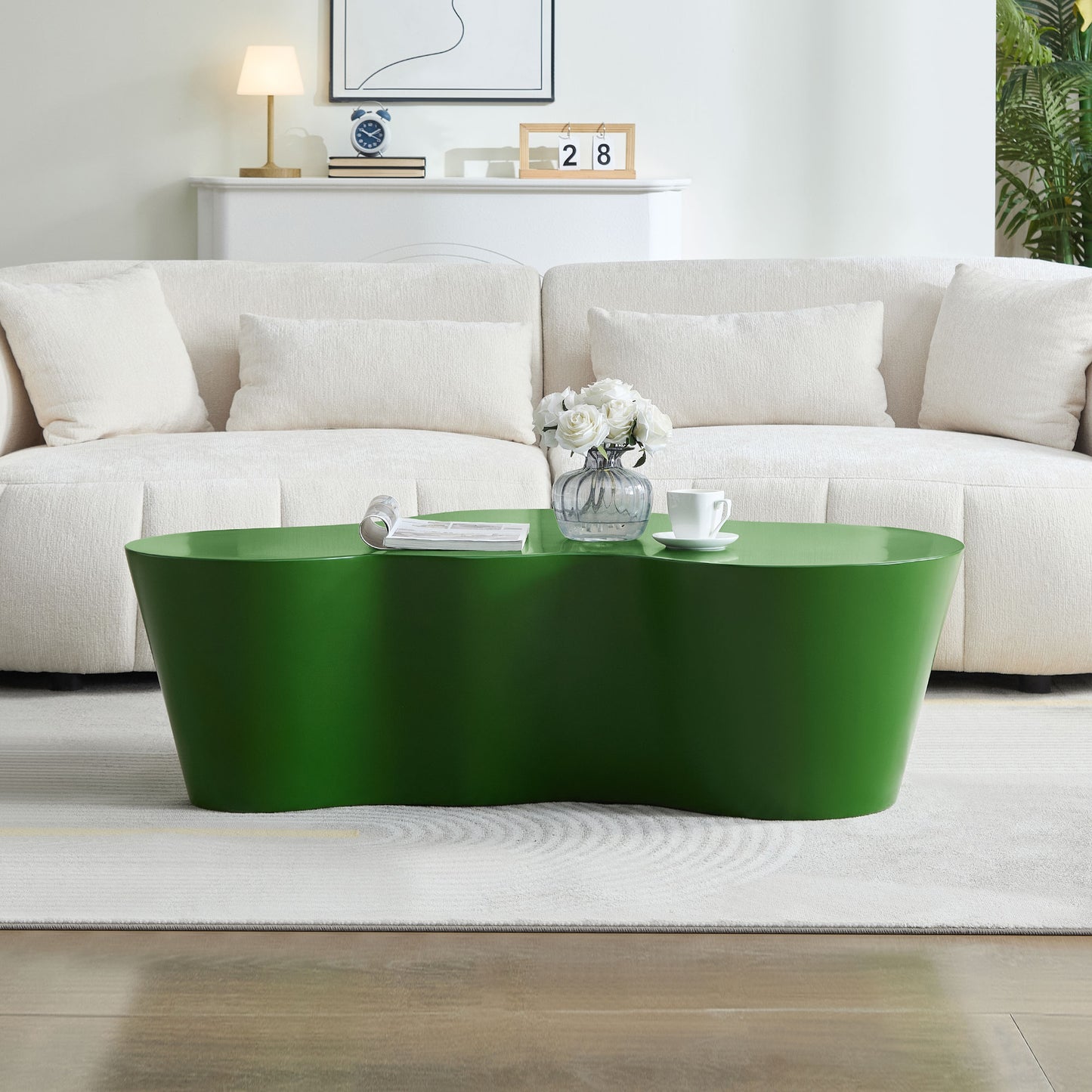 50 Inch Unique Shape Coffee Table Sturdy Fiberglass Tea Table For Living Room No Need Assembly GREEN