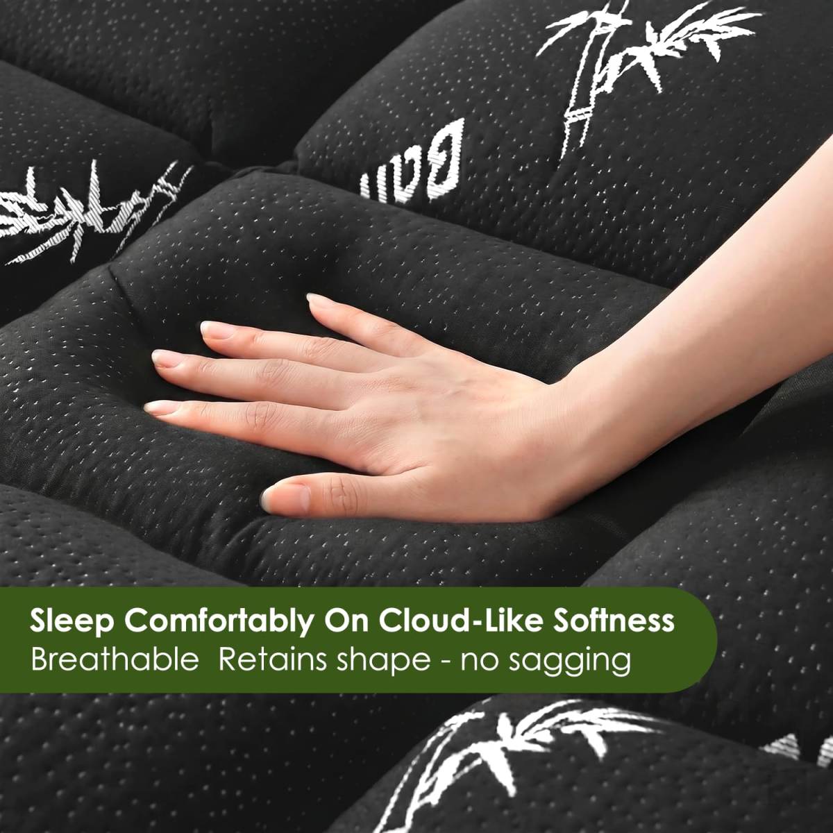 Queen Mattress Topper Viscose Derived From Bamboo, Cooling Thick Pillow Top Mattress Pad With Deep Pocket For 8-21 Mattress, Soft Breathable Mattress Topper For Back Pain Relief, Black Green