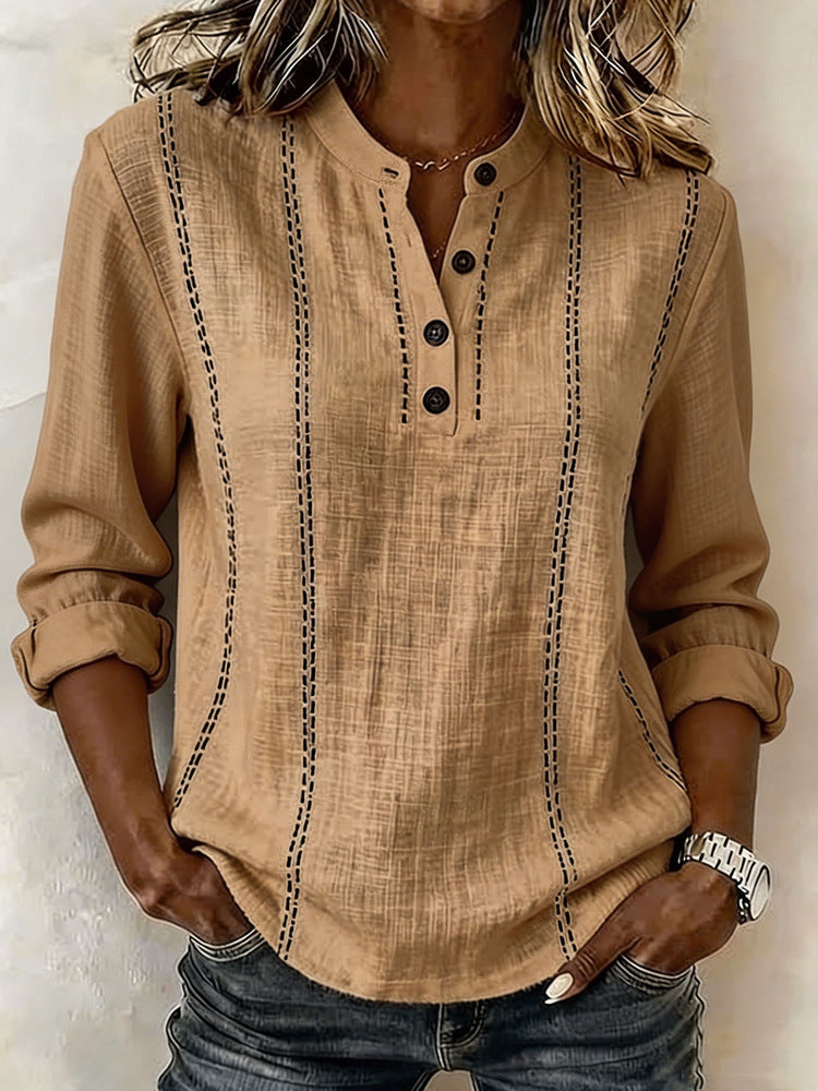 New Summer Loose Fitting Mandarin Collar Long-Sleeve Shirt