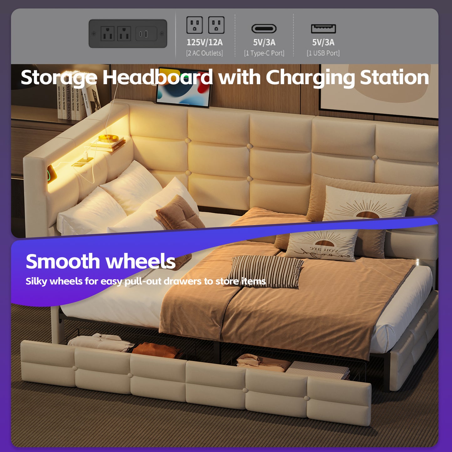 Upholstered Twin Size Daybed With Storage 2 Drawers And Charging Station, Day Bed Frame With LED Lights And Storage Headboard, No Box-Spring Needed, Beige
