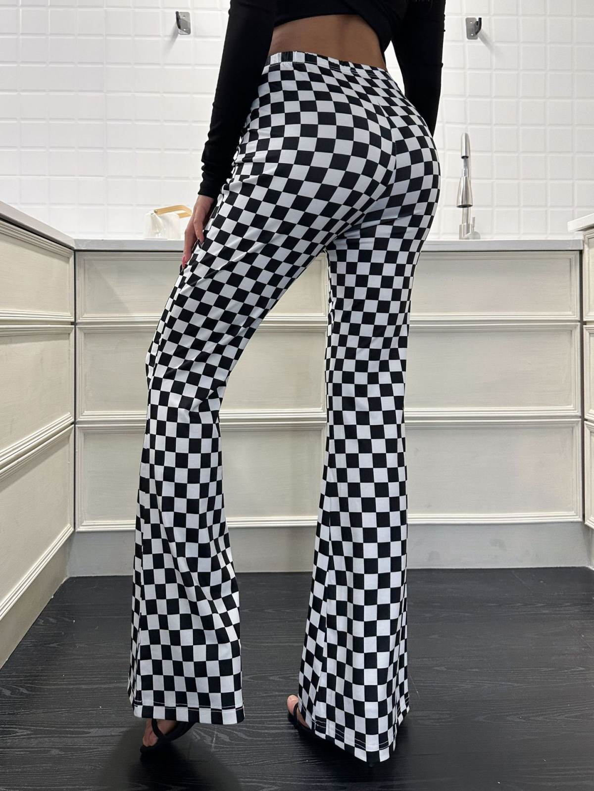 New Checkerboard Flare Pants Women's Fitness Yoga Clothes High Waist Showing Long Legs Tight Nude Sports Leisure Street Style