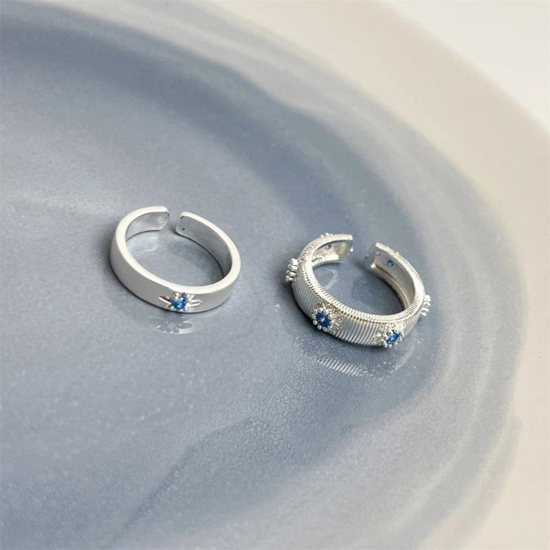1pc 999 Sterling Silver Brushed Blue Zircon Band Ring, Retro & Elegant Style, Perfect For Daily, Dating & Gifting, Ideal Valentine's Gift