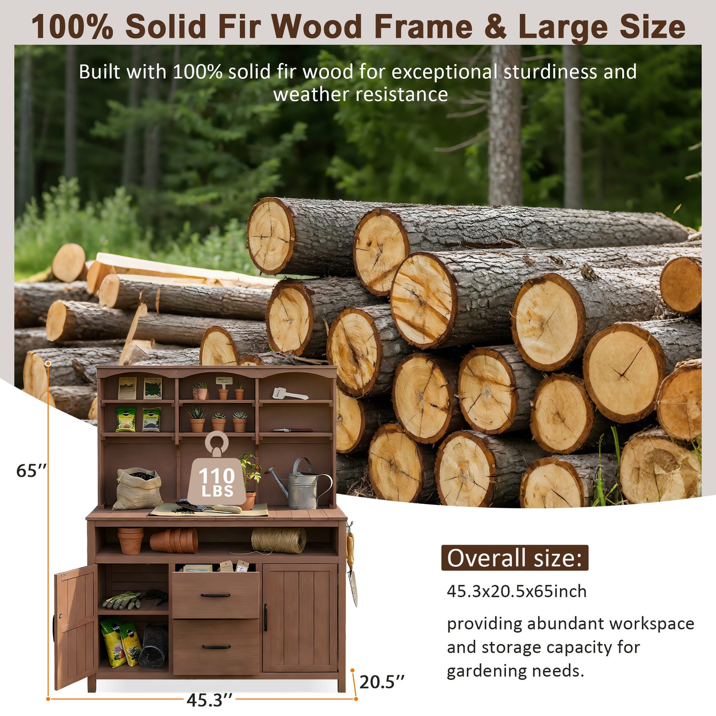With Assembly Video TOPMAx Large Fir Wood Potting Bench 45.3 L Multi- Functional Outdoor Patio Kitchen Island With Hutch Cabinets Drawers & Hooks Large Countertop For Gardening Grill Brown