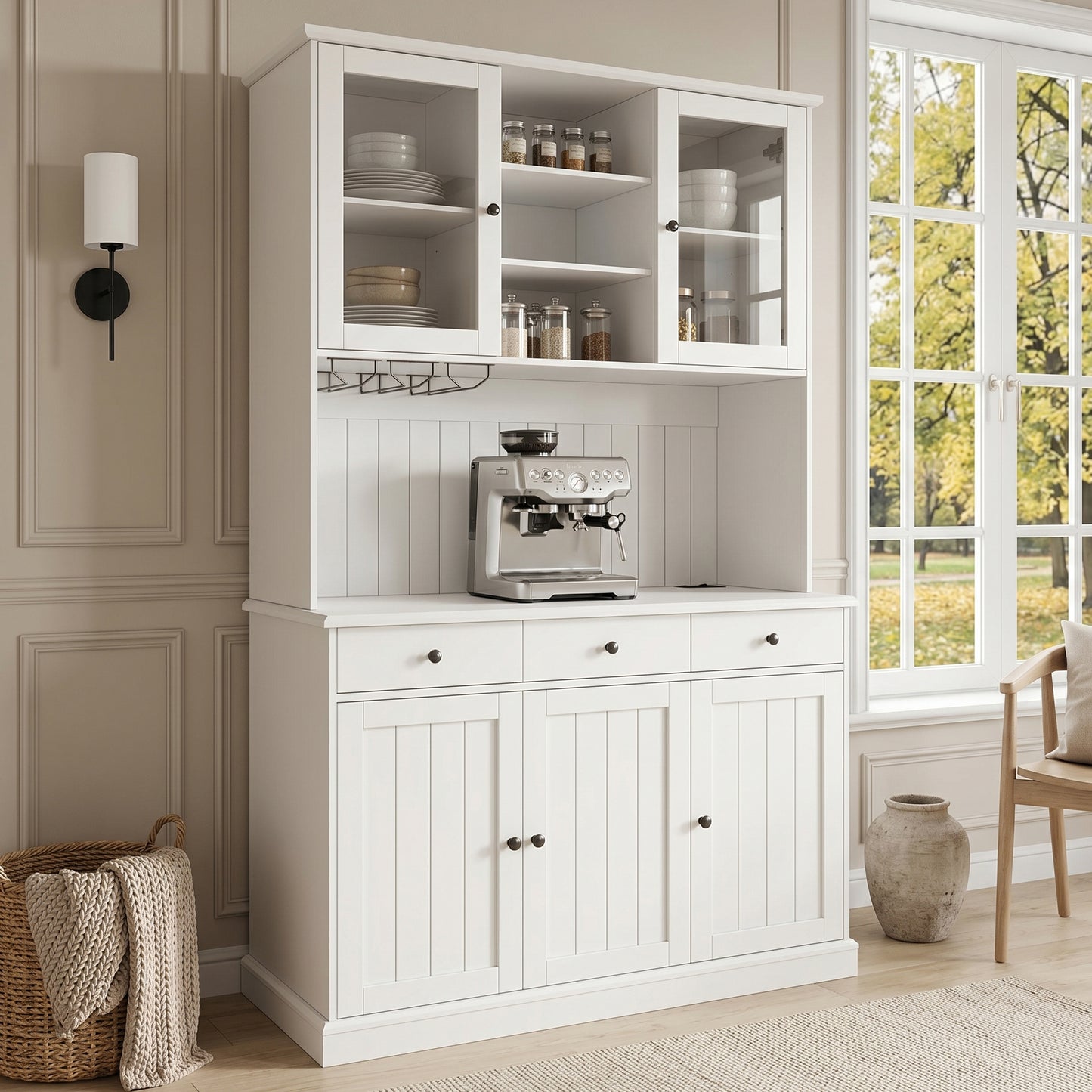 Kitchen Cabinets 120 X 40 X 191 Cm , Tall Kitchen Cabinets, Sideboards, Features Include A Power Outlet 2 Power Outlets USB-A USB-C And A Wine Glass Holder, Adjustable Shelves, White