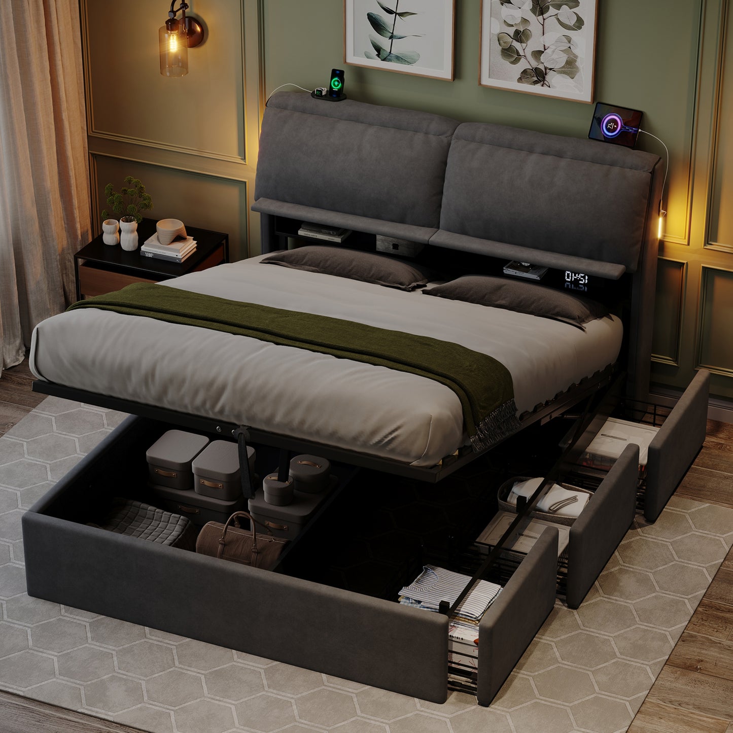 5ft King Bed With Hydraulic Storage, Velvet Upholstered Bed With Headboard Flip-top Storage And Drawers, Back Cushion Headboard With Charging Station And LED Night Light, Grey No Mattress