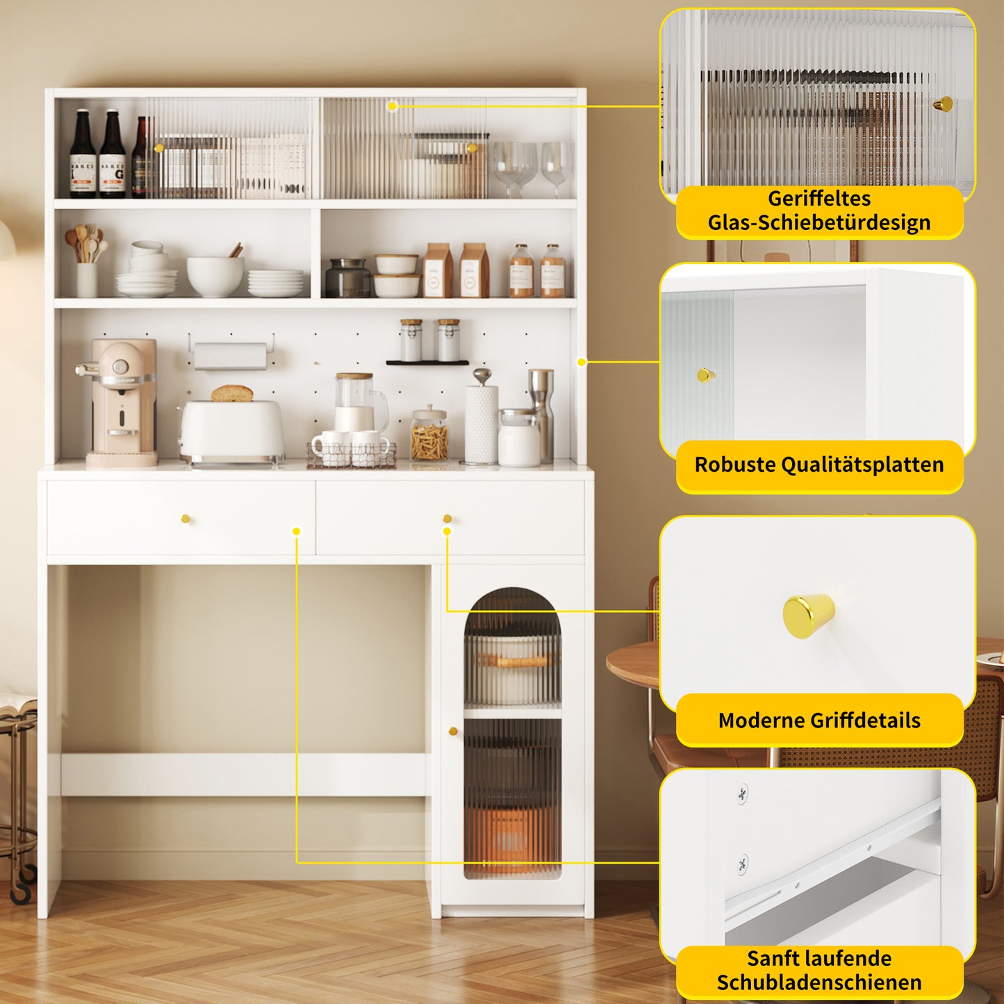 Kitchen Cabinet With Work Surface, Sideboard And Tall Cabinet, Integrated Bar Function, With Hook Rail, 2 Drawers, Adjustable Shelf And Open Storage Space, Kitchen And Dining Room Furniture In White