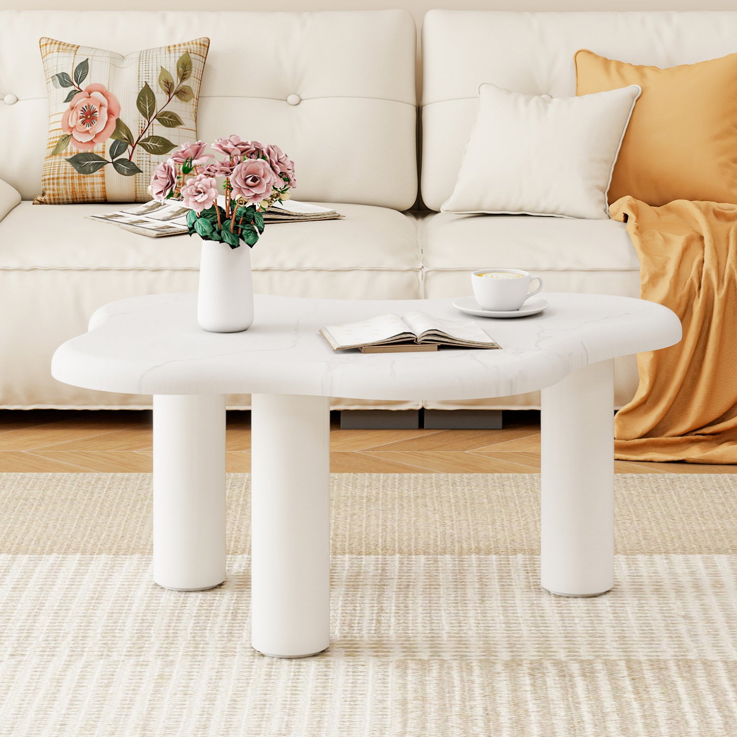 Cloud-shaped Coffee Table In Marble Look, Modern Living Room Table With Rounded Edges, Stable Solid Wood Legs, Easy-care Surface, Ideal For Living Room & Lounge