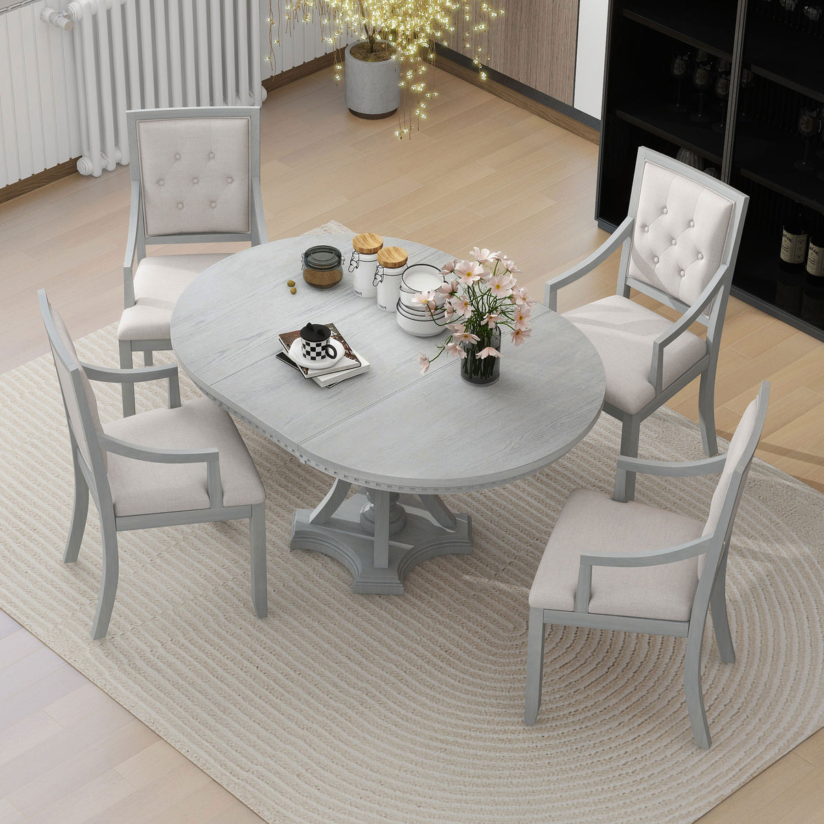 TREXM Retro 5-piece Dining Set Extendable Round Table And 4 Chairs For Kitchen Dining Room ANTIQUE GRAY OAK