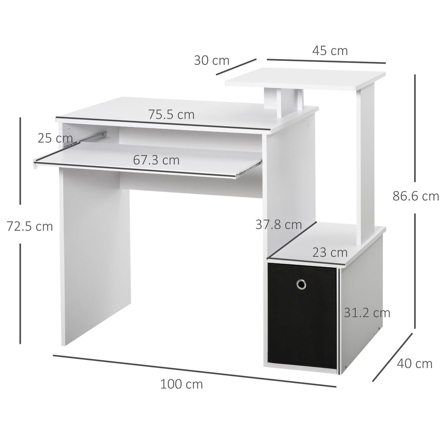 Computer Desk With Sliding Keyboard Tray Storage Drawer Shelf Home Office Workstation White