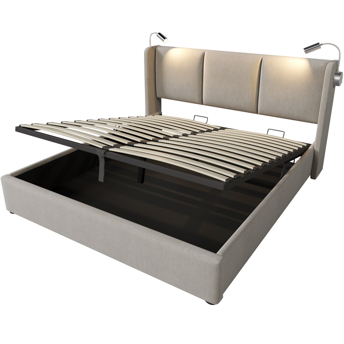 Upholstered Bed Double Bed Storage Bed Box Reading Light With USB Charging Head Part,Storage Beds Bed Frame Made Of Linen Material Youth Bed 160x200 With Lattice Grid With Mattress